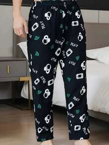 柔软轻盈的男士游戏主题舒适睡裤 - 涤纶混纺家居裤，弹性腰带，黑色底色，饰以彩色游戏手柄印花，可作休闲服或睡衣穿着，家居服 | 趣味印花 | 面料触感顺滑，冬季 - 黑色 - 查看 5