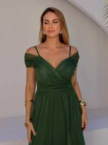 Olive Green Off-The-Shoulder Long Dress With Slit And Glitter - Olive Green - View 4