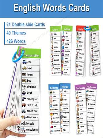 40张主题词汇闪卡，包含季节、天气、动物、日常生活、人物等常用词汇，适合儿童学习和写作主题。