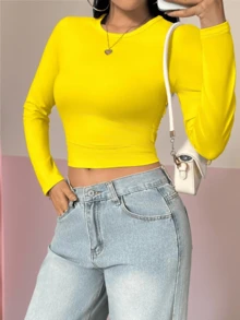 Damen Langarm T-Shirt mit hoher Elastizität und schlanker Passform, rundem Ausschnitt, minimalistischer Stil, geeignet für Frühling, Herbst und Winter, kann für Abendausgang/Urlaub/Alltag/Büro/Zuhause/Straße/Reise/Brunch getragen werden, Lässig/Minimalistisch/Y2K/Elegant/Sexy/Straße/Niedlich/Chic, Herbst/Winter Damenkleidung, Halloween Damenoutfit, Weihnachten Damenoutfit, Lehreroutfit, Oberbekleidung, Date Outfit, Basic Top, Koreanischer Stil - Gelb - Übersicht 4