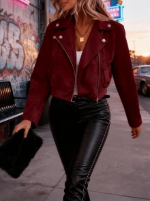 Women's Burgundy Suede Cropped Moto Jacket Long Sleeve Streetwear Coat - 酒紅色 - 查看 7