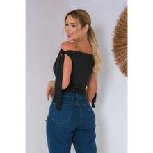 KIT 03 Cropped Feminino 2 Em 1 Amarração Ajustavel e Decote Ombro A Ombro - Preto/Verde/Chocolate - Visão 10