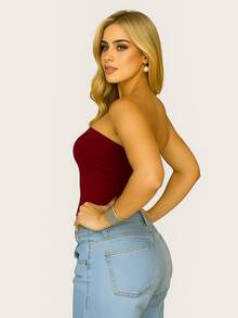 Women's Strapless And Unpadded Basic Tube Cropped Top, Double Layer Of Slim Fit Shaping Spandex - 聖誕紅寶石 - 查看 4