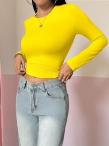 Damen Langarm T-Shirt mit hoher Elastizität und schlanker Passform, rundem Ausschnitt, minimalistischer Stil, geeignet für Frühling, Herbst und Winter, kann für Abendausgang/Urlaub/Alltag/Büro/Zuhause/Straße/Reise/Brunch getragen werden, Lässig/Minimalistisch/Y2K/Elegant/Sexy/Straße/Niedlich/Chic, Herbst/Winter Damenkleidung, Halloween Damenoutfit, Weihnachten Damenoutfit, Lehreroutfit, Oberbekleidung, Date Outfit, Basic Top, Koreanischer Stil - Gelb - Übersicht 6