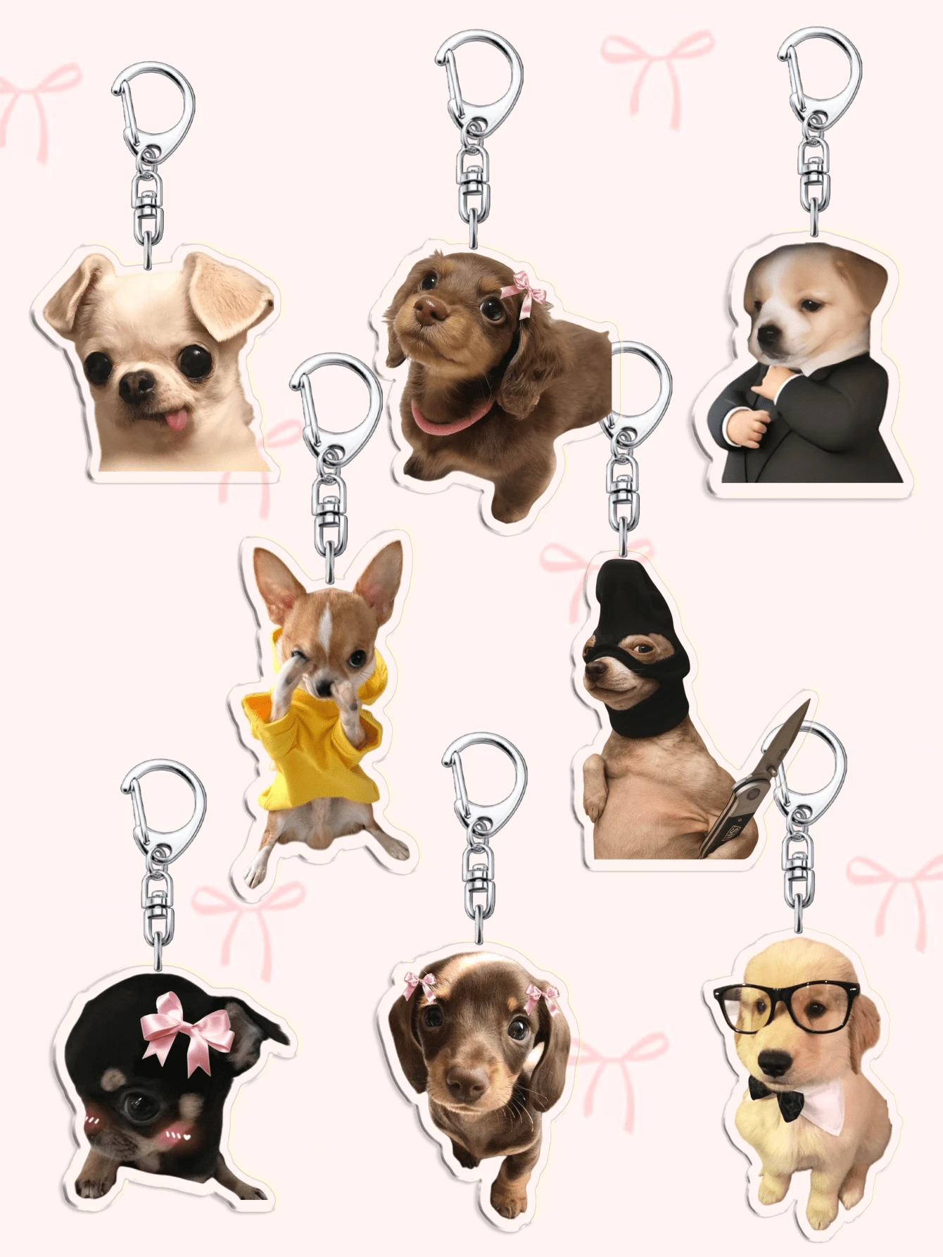 1个亚克力可爱吉娃娃脸钥匙扣:拳师犬钥匙扣/领结腊肠犬钥匙扣/趣味吉娃娃表情,可用作包包配饰、新奇礼物和粉丝礼物。适合送给男朋友、女朋友、家人、老师,也可作为派对礼物和狗狗主题手机装饰。送给妈妈、爸爸、毕业生和老师的礼物。 - 彩色 - 查看 1