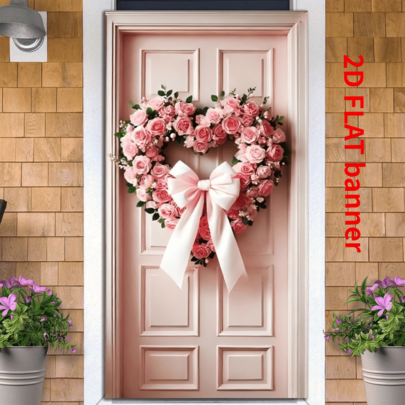 Guirlanda Romântica de Rosas Rosas Plana 2D - Ideal para o Dia dos Namorados, Decoração Interna/Externa, Serve para Portas Padrão, Faixa de Festa