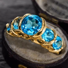 خاتم أنيق مرصع ب- 5 أحجار زركونيا مكعبة زرقاء لامعة، فاخر وأنيق، مناسب للزفاف والخطوبة والذكرى السنوية والمناسبات الرومانسية، هدية عيد الحب لشخص عزيز