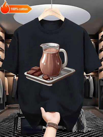 1pc Chocolate Latte con Chocolates Camisetas de manga corta para hombres y mujeres, 100% algodón puro, impresión de posicionamiento de moda, versátil para uso casual durante las cuatro estaciones, adecuado para Halloween, Día de Acción de Gracias y