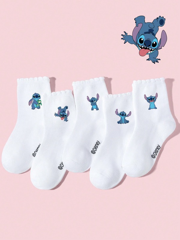 Disney 1/5/10 Pairs Children/Girls White Lace Socks/Ankle Socks, Cute Stitch Cartoon Pattern Decor, Fashion Personalized Comfortable Breathable Moisture-Wicking Sports Socks, Soft Skin-Friendly Mid-Calf Socks Suitable For Back To School, Campus, Sports, Outdoor, Party