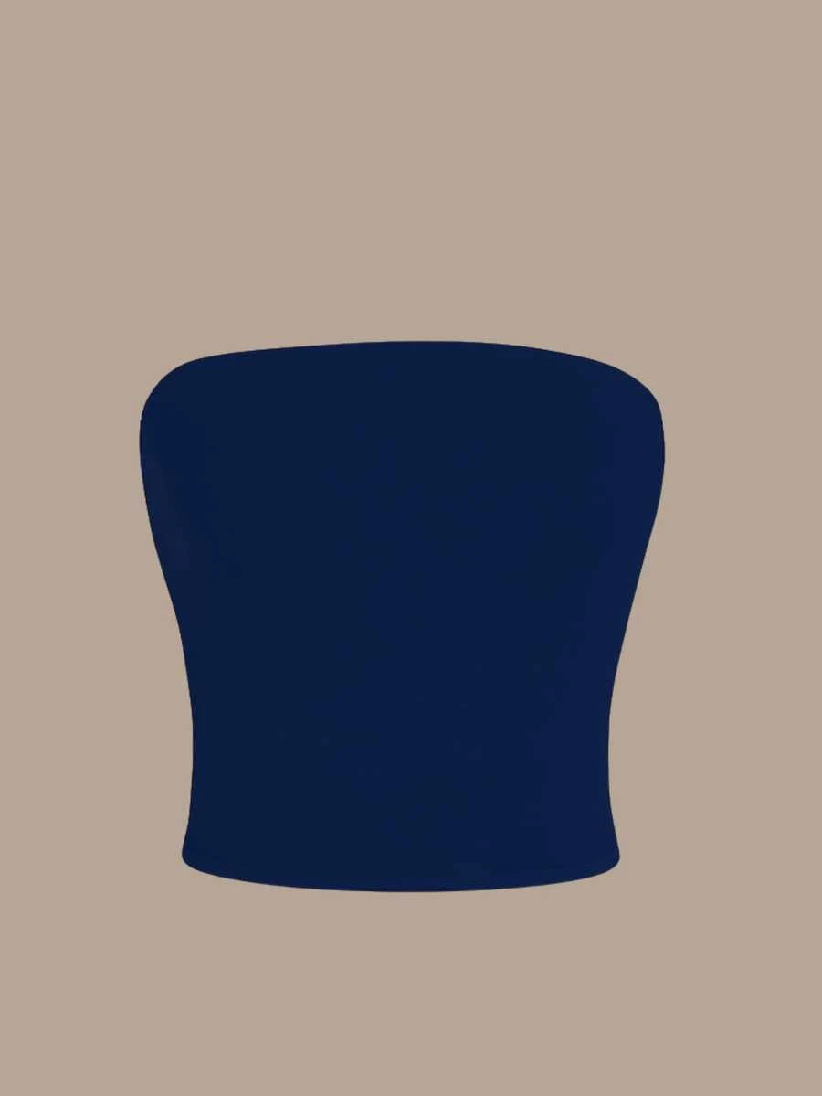 Women's Strapless And Unpadded Basic Tube Cropped Top, Double Layer Of Slim Fit Shaping Spandex - 藏蓝色 - 查看 1