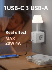 1pc 10-In-1 Smart Outlet With Digital Display, Type-C/USB Fast Charging, Dimmable LED Nightlight, 3 USB-A + 1 Type-C Multi-Device Fast Charging Station, Independent Switch, Overload Protection, Ideal For Home, Office, Travel, Gaming Desk Organization