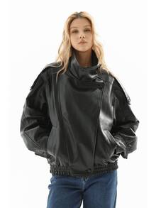 女式2025秋季新款复古美式坏女孩风格PU皮革立领厚重设计夹克外套 - 黑色 - 查看 6