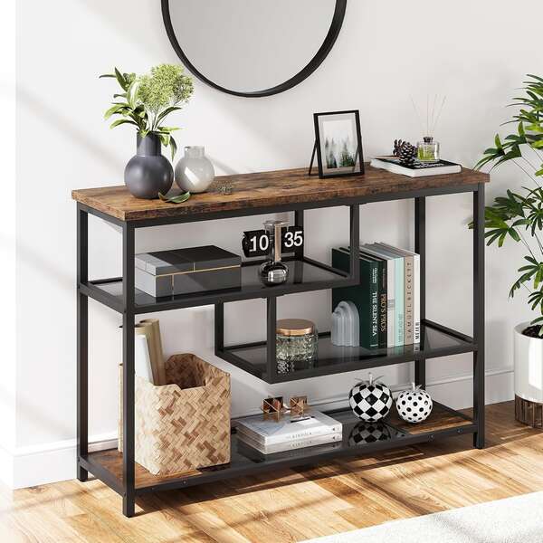 Dragonpad 4 Tier Console Table, Sofa Table With Glass Shelves & Metal Frame, 39.4inch Narrow Entryway Table For Industrial Living Room, Foyer, Bedroom