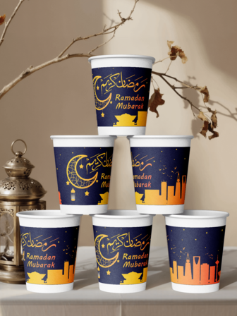 9 Oz Vasos de papel desechables para Ramadán, los vasos de papel perfectos para celebrar Ramadán, distribución perfecta, recepción. Vasos gruesos para té, agua, jugo, espresso, dulces, bebidas calientes/frías, decoraciones de mesa para Eid Mubarak.
