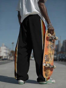 男士直筒休闲彩虹条纹宽松运动裤，时尚街头运动装，秋冬款 - 黑色 - 查看 3