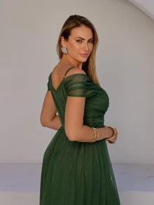 Olive Green Off-The-Shoulder Long Dress With Slit And Glitter - Olive Green - View 3