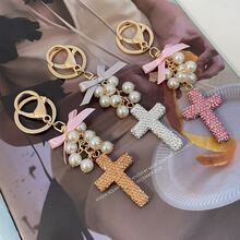 Women's Luxury Bow Keychain, Decorated With Rhinestones, Pearls And Cross Pendant, Ceramic Material, Exquisite Gift Accessory For Wallets, Handbags, Car Keys, Etc. - Multicolor - View 4