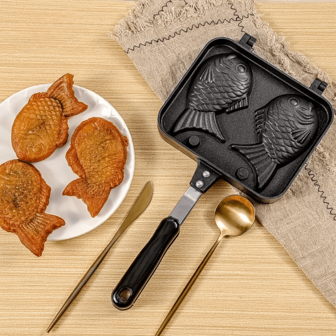 1 molde para taiyaki de aluminio antiadherente con forma de pez, bandeja para hornear de doble cara con asa para asar a la parrilla en casa, sartén metálica
