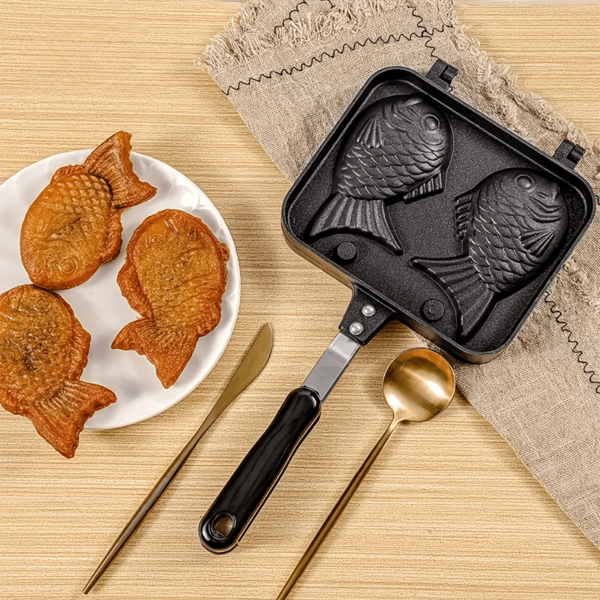 1 Stück fischförmiger Antihaft-Aluminium-Taiyaki-Maker, doppelseitige Backform mit Griff für den Heimgrill, Metallpfanne
