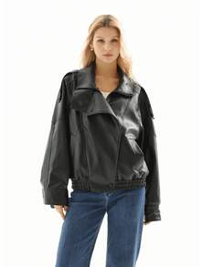 女式2025秋季新款复古美式坏女孩风格PU皮革立领厚重设计夹克外套 - 黑色 - 查看 3