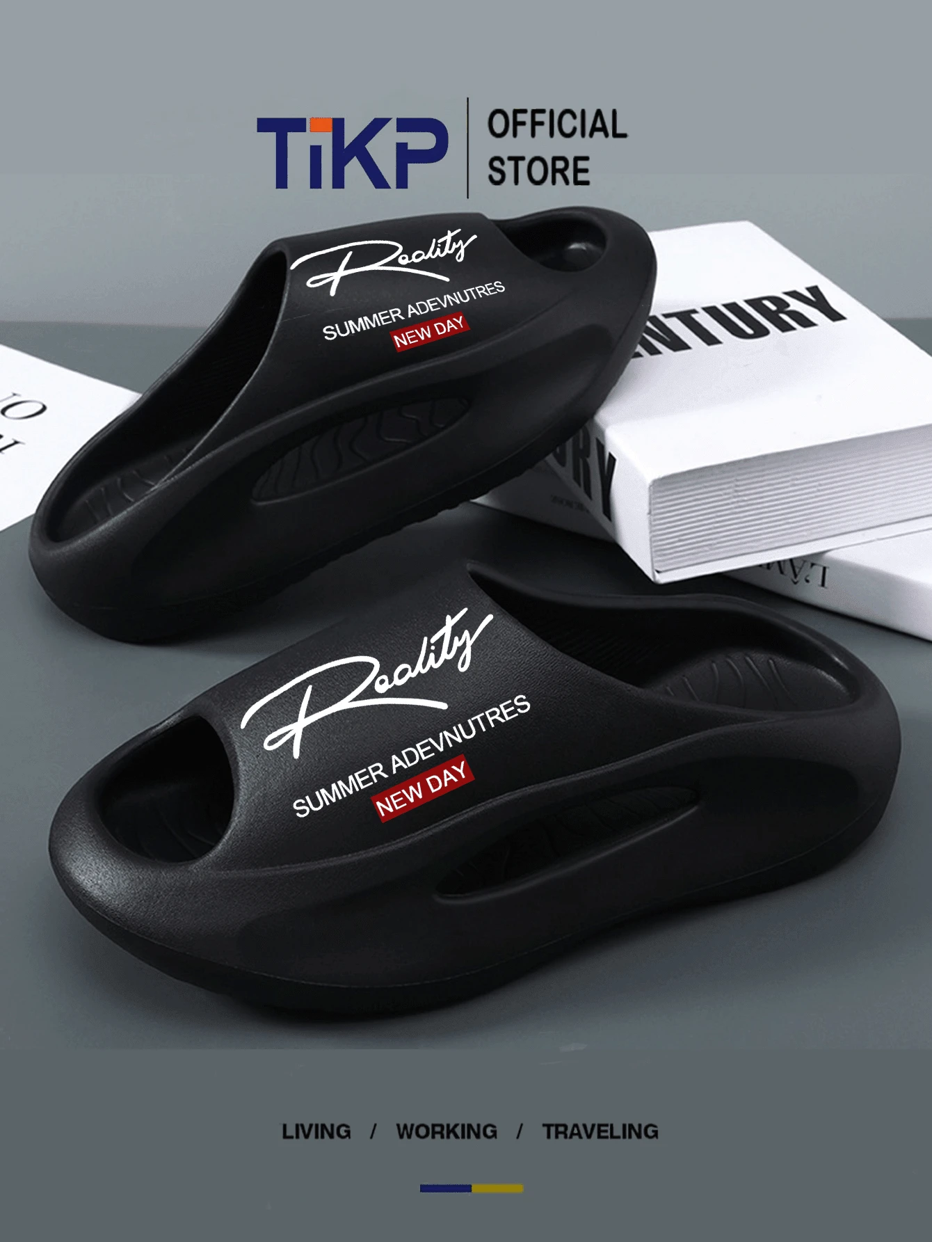 TIKP Herren EVA Dicker Sohle Weicher Boden Bequeme Offene Zehe Hausschuhe, Outdoor Lässig Mode Sandalen, Strand Flip Flops - Schwarze Realität - Übersicht 1