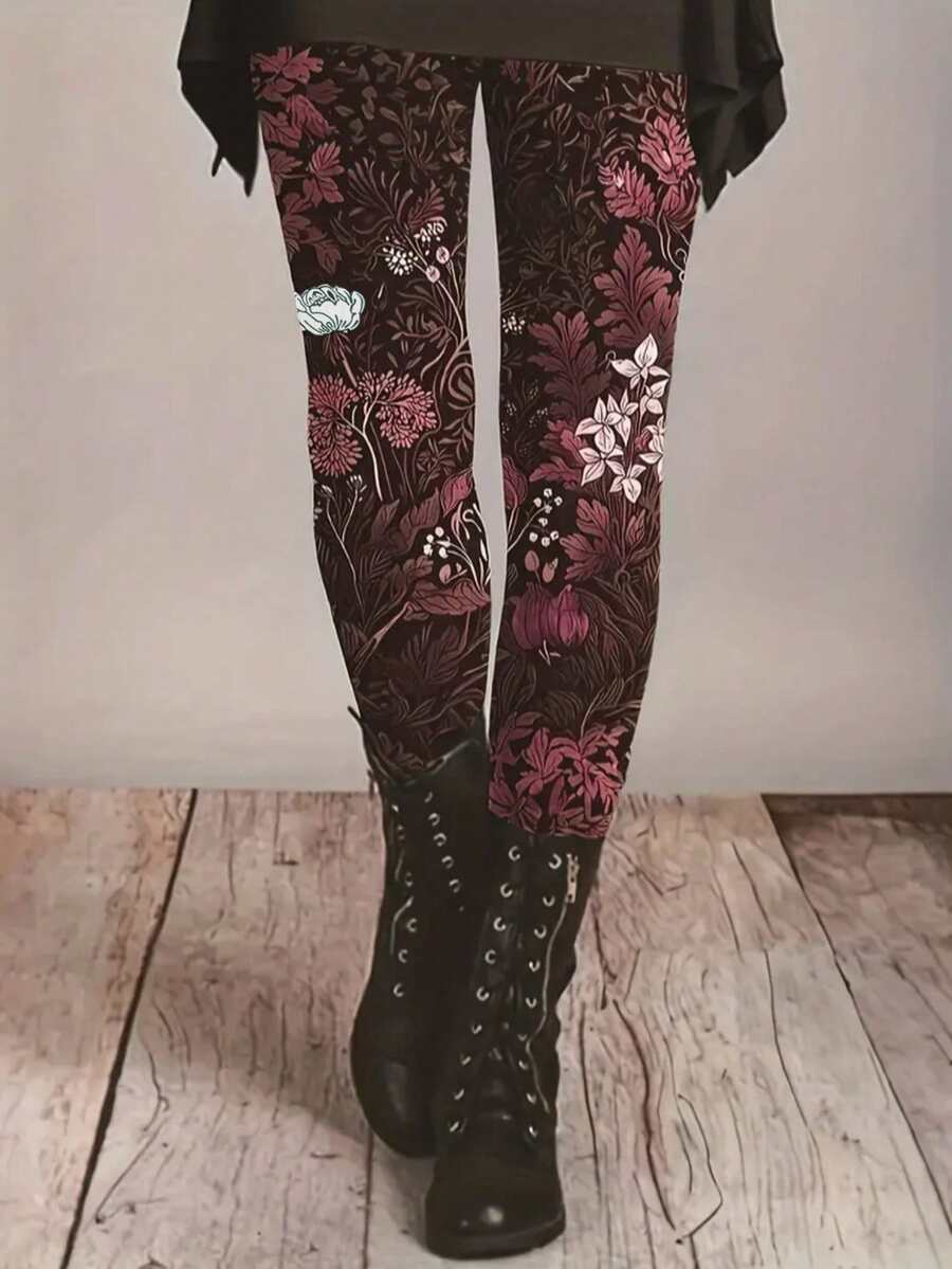 Damen Leggings mit Blume Muster, sexy Skinny Fit aus Strickstoff, ganzjährig tragbar mit geometrischem Muster und hoher Taille