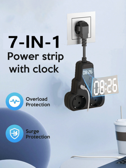 1pc 7-In-1 Multifunctional Wall Plug, Mountable Power Adapter With 2 EU Sockets/3 USB-A Ports+1 USB-C Fast Charging Port, All-In-One Desktop Charging Station With Surge Protection, Suitable For Home, Office, Travel, Dorm, Gaming Room, Charges Multiple Devices Safely And Efficiently Without Occupying Space, Essential For Home And Travel