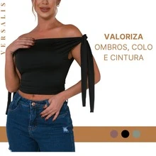 KIT 03 Cropped Feminino 2 Em 1 Amarração Ajustavel e Decote Ombro A Ombro - Preto/Verde/Chocolate - Visão 6