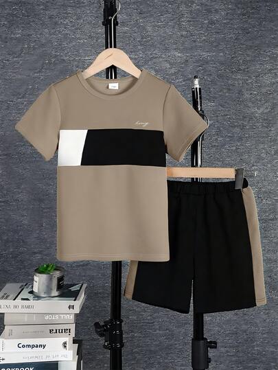 Tween Boy Casual Outfit, Round Neck Short Sleeve Colorblock Top And Sports Shorts Set, 3 Colors