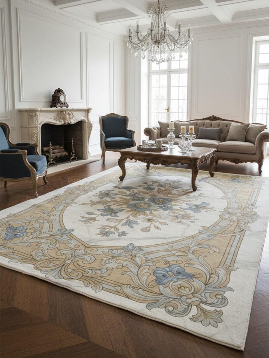 1pc French Luxury Carpet, Beige & Blue Floral Pattern, Elegant & Refined, Multiple Sizes Available, Soft & Skin-Friendly Material, Housewarming Gift, Kitchen Carpet, Doormat, Small Rug, Carpet, Home Decor - Multicolor - View 1