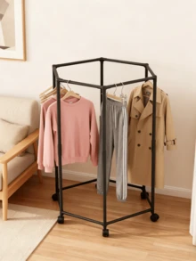 1个多功能可滚动双杆晾衣架 - 六边形落地式节省空间衣物收纳架，带轮子，适用于卧室衣柜的洗衣晾衣架 - 彩色 - 查看 14