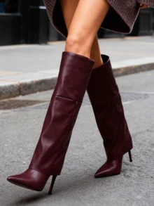 Fold Over Boots For Women Sexy Knee High Stiletto Heel Boots With Pointed Toe Wide Calf Fashion Tall Boots Comfortable Dress Party Long Boots - Màu Đỏ Sâu - Xem 6