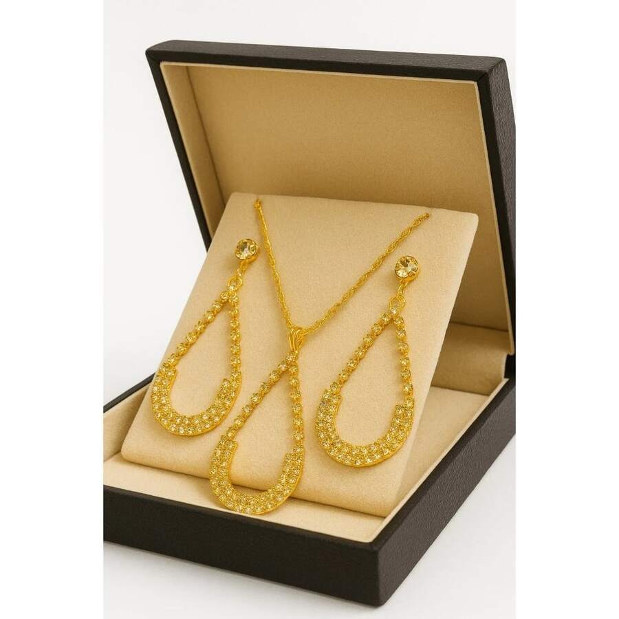 Necklace And Earrings Set - Teardrop Design With Sparkling Diamond Stones - New - Gold And Silver - Vàng Zirconia - Xem 1