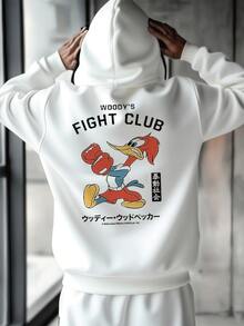 Woody Woodpecker Fight Club Graphic Hoodie For Men, Cotton Blend Casual Pullover Hooded Sweatshirt With Japanese Style Print, Comfortable And Stylish For Daily Wear, Perfect Gift For Fans - 白色 - 查看 2
