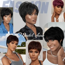 Kurze Pixie-Cut Perücken, schwarze Perücken mit Pony, hitzebeständige synthetische Fasern, Perücke mit Seitenteil, geschichtet, gerade, Pixie-Haarschnitt-Perücken für Frauen für den täglichen Gebrauch, Partys oder Cosplay - Schwarz - Übersicht 6