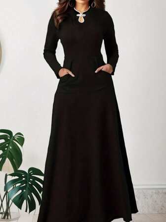 2025 Women's Elegant Long Dress With Pockets And Button Design, Color Block, Autumn/Winter