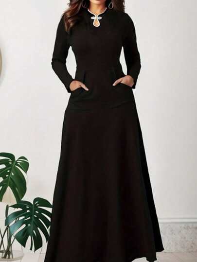 2025 Women's Elegant Long Dress With Pockets And Button Design, Color Block, Autumn/Winter