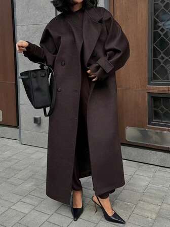 女士纯色长款宽松保暖外套，1件装，适合秋冬季日常、办公及约会穿着。
