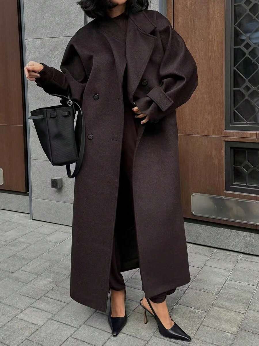 1pc Women's Solid Color Long Loose Warm Overcoat, Suitable For Daily, Office, And Dates In Autumn/Winter - Rust Brown - View 1