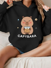 情人节休闲豚鼠喝珍珠奶茶印花卫衣，适合青少年女孩，宽松版型，保暖内衬，长袖，秋冬款 - 黑色 - 查看 8