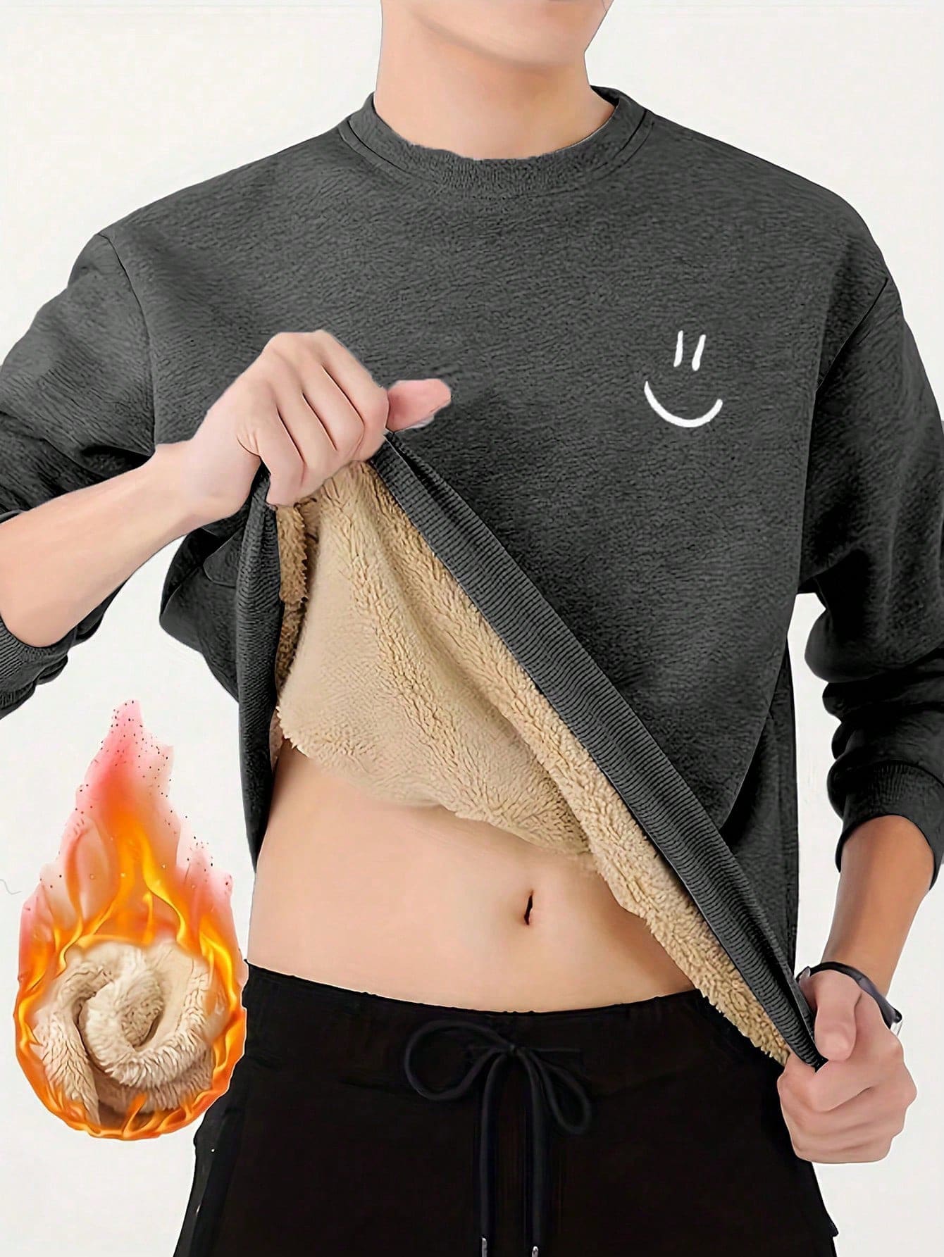 Sweatshirt Pullover Pria Bergambar Wajah Tersenyum dengan Lapisan Termal, Hangat untuk Musim Gugur/Dingin - Dark Grey - View 1