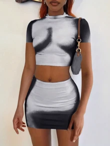 Summer Black Street Graphic Print Bodycon High Waist Mini Skiet Set For Woman