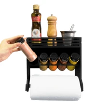 Wall Mounted MDF Seasoning Holder With Paper Towel Holder And 5 130ml Plastic Jars Double Dosing Lid Includes Screw Bushing Label - Svart - Visa 10
