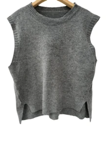 Casual Minimalist Versatile Commuter Pullover Sweater, Christmas Plus Size Women's Sleeveless Vest, Spring/Autumn/Winter, Fashionable Solid Color Round Neck Knit Cardigan With Slit Hem For Plus Size Women