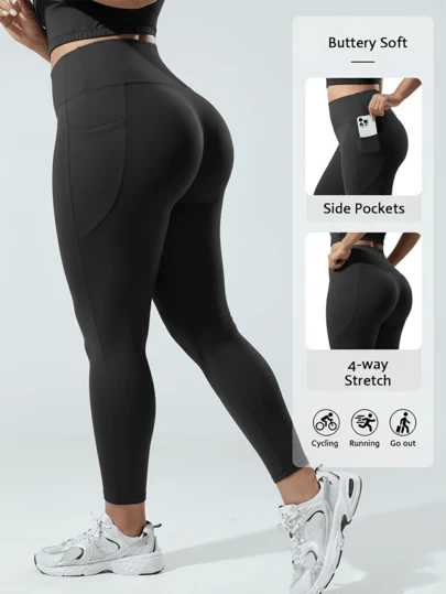 Mallas deportivas casuales de talla grande, color negro, con bolsillos laterales, tela elástica, tallas XL-5XL, pantalones de yoga, control de abdomen, cintura alta, pantalones ajustados deportivos