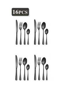 4/16/24pcs Stainless Steel Cutlery Set, High-Quality Minimalist Durable Black Tableware Set, Knife Fork Spoon Set, Suitable For Western Dining, Home Banquet, Elegant & Practical - Black - View 12