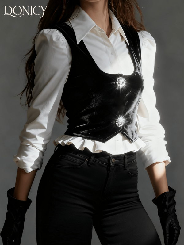 DONICY 2pcs Women's Autumn/Winter Velvet Rhinestone Button Vest + Single-Breasted Casual Shirt Blouse, Suitable For Casual, Business, Date, Christmas, New Year