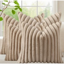 1件装/2件装/4件装仿毛皮舒适柔软条纹装饰抱枕套,天鹅绒枕套靠垫套,适用于沙发 - 駝色 - 查看 13