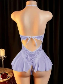 性感内衣套装，女士露肩性感睡衣，镂空制服性感内衣 - 淡紫色 - 查看 3