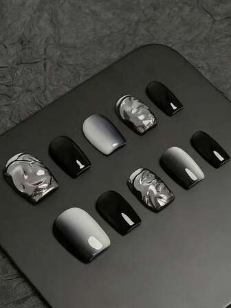 10Pcs Cool Chic Black-Silver Short Square Press On Nails Set - Handcrafted, Black Nails, Silver Nails, Black-White Gradient Style, Handmade 3D Metallic Wrinkled Texture, Futuristic Metallic Texture And Sleek Solid Black Design, High-Shine Glossy Finishes - Suitable For Women, Streetwear, Niche Parties, Personalized Events, Unique Style Enthusiasts, Handmade Press On Nails. Fake Nails. Nail Art Supplies.